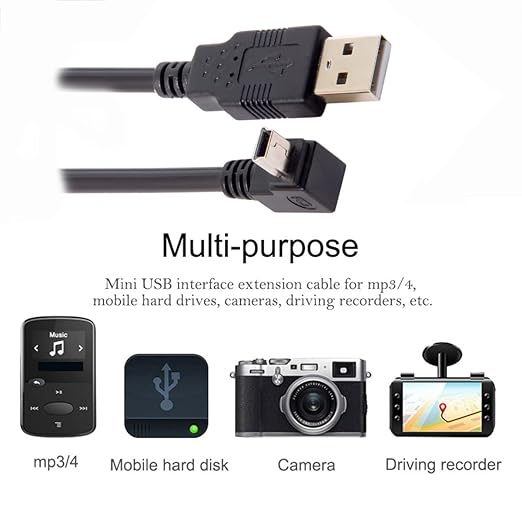 NFHK Mini USB B Type 5pin Male UP Angled 90 Degree to USB 2.0 Male Data Cable 5 Meters with EMI Ferrite Core 50cm
