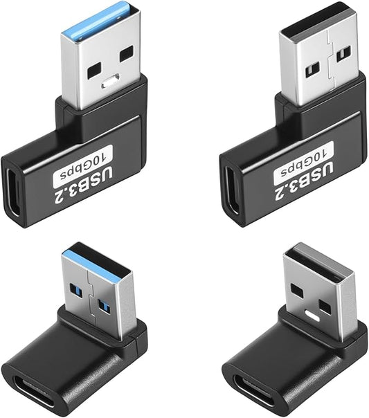 90 Degree USB to USB C Adapter (4 Pack), Up and Down Angle, Left and Right Angle A Male to Type C Female Extender Connector Vertical and Horizontal Port Changer for PC, Laptop, Power Bank