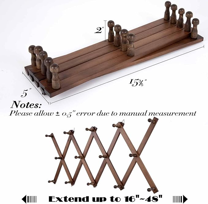 16 inch High Accordion Wall Hanger with 14 Hooks, Wooden Wall Expandable Coat Rack for Coat, Hats, Baseball Caps, Coffee Mug, Jewelry