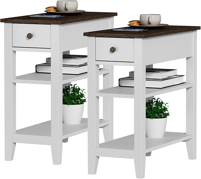 ChooChoo Side Table Living Room Set of 2, Narrow End Table with Drawer and Shelf, 3-Tier Sofa End Table for Small Space, White and Brown