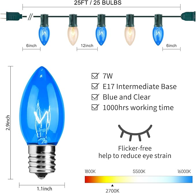 Minetom C9 Blue and Clear Christmas String Lights, Outdoor Christmas Lights String, Hanging Roofline Lights, Patio Lights for Outdoor Decor, Green Wire, 25 Feet