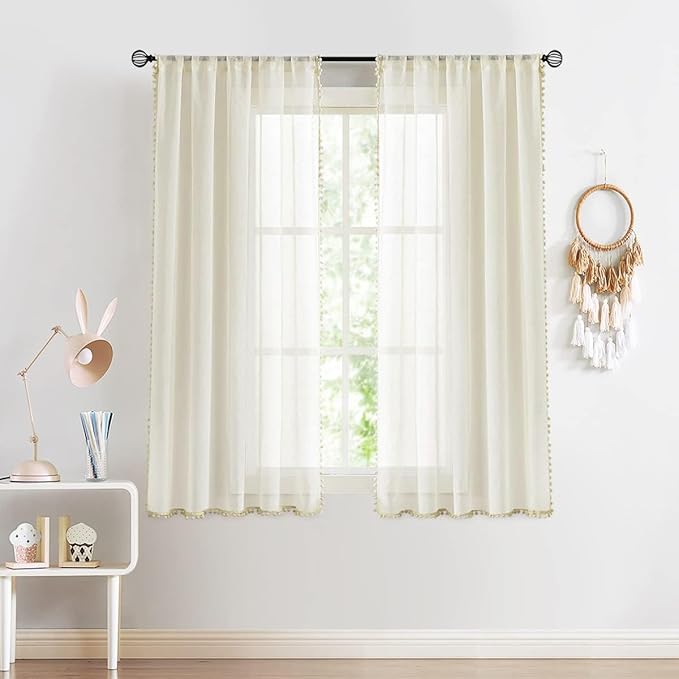 Treatmentex Pom Pom Linen Sheer Curtains for Living Room 63 inches Length Slub Textured Natural Farmhouse Window Sheers Drapes 52" w x 2 Pack, Rod Pocket, Beige
