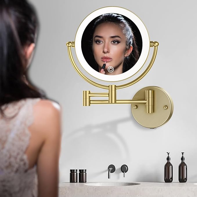 Matte Gold Wall Mounted Makeup Mirror with Lights and 10X Magnification, 8" Rechargeable 2-Sided 3-Colors, Touch Dimmable Extended Arm 360 Rotation, Foldable Vanity Cosmetic Shaving Mirror Bathroom