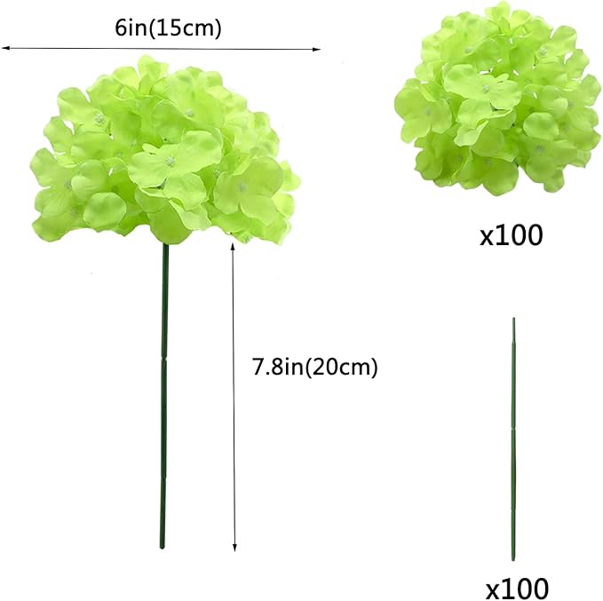100PCS Artificial Hydrangea Flowers, Fake Flowers Silk Hydrangea Full Flowers Heads with Stems for Wedding Home Party Shop Baby Shower Decor (Green)