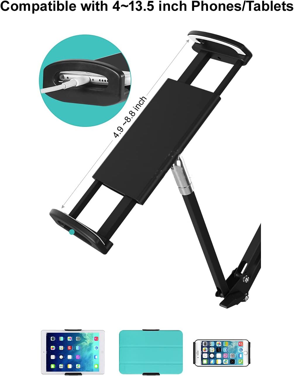 Heavy Duty Phone/Tablet Metal Holder, Universal Mobile Cell Smartphone Mount with 360° Rotation Gooseneck Clamp