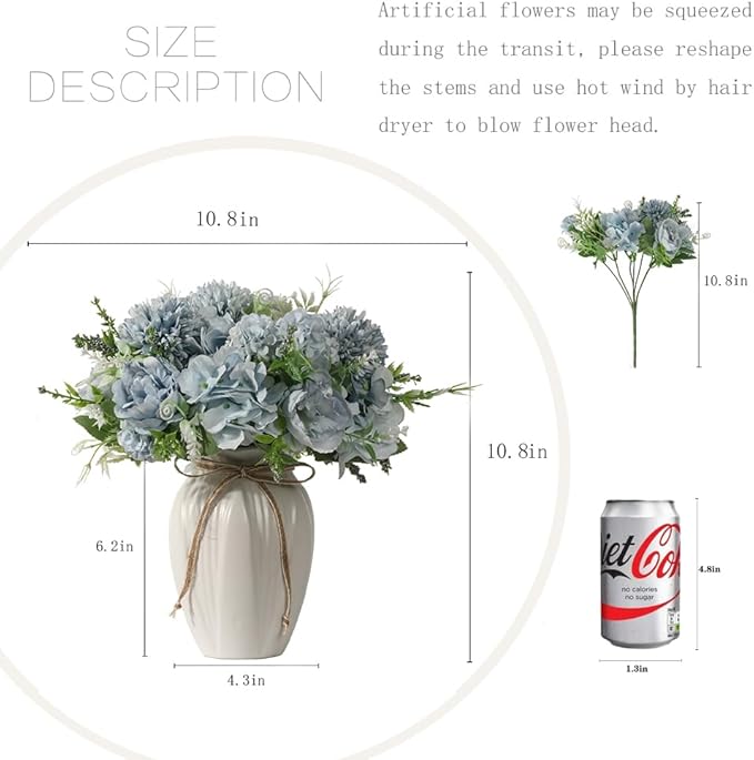 Peonies Artificial Flowers in Vase, Fake Hydrangea Silk Peony Flower Bouquet with Vase Faux Flowers Arrangement Decor Home Table Dining Room (Blue)