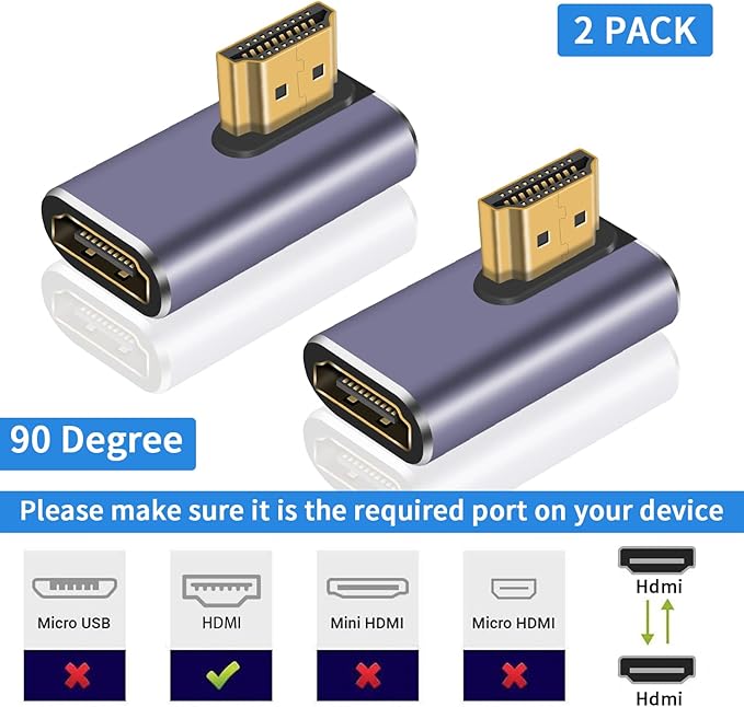 Poyiccot HDMI 90 Degree Adapter 8K, Right Angle HDMI 2.1 Adapter, 48Gbps Male to Female Exender, Support 8K@60Hz, 4K@120Hz, 3D HDR for Laptop, TV, Monitors,PS5,(2-Pack)
