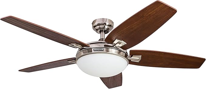 Honeywell Ceiling Fans Carmel, 48 Inch Contemporary Indoor LED Ceiling Fan with Light, Remote Control, Dual Mounting Options, Dual Finish Blades, Reversible Motor - 50196-01 (Brushed Nickel)