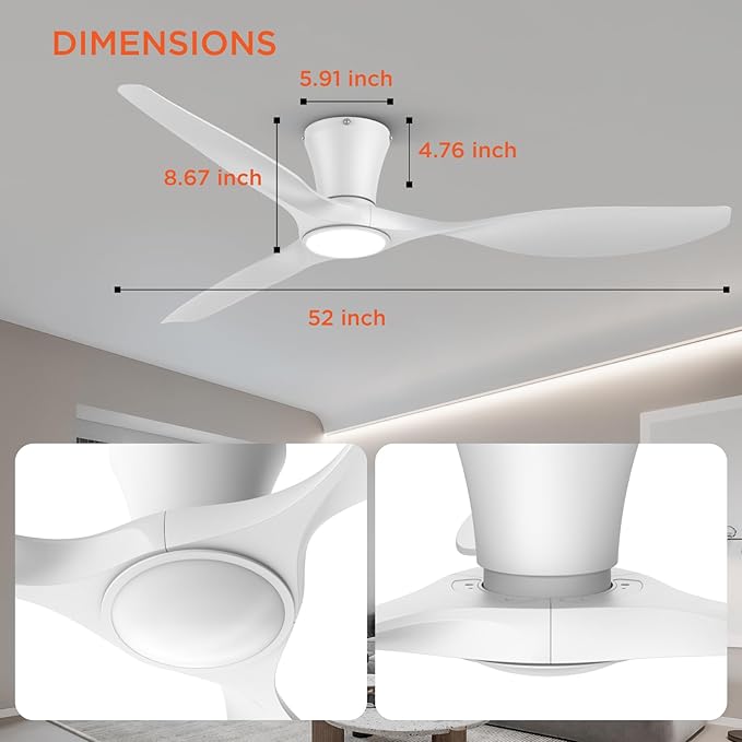 TALOYA 52 inch Smart Ceiling Fan,Low Profile Ceiling Fan with Light and Remote/App Control,Flush Mount, Quiet Reversible Motor for Living Room Bedroom Patio White