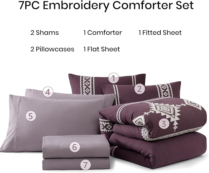 MaiRêve Embroidery Queen Size Comforter Set Purple, Boho Farmhouse Western Bedding Set 7 Pieces, All Season Bed in A Bag Comforter Set with Sheets, Pillowcases & Shams