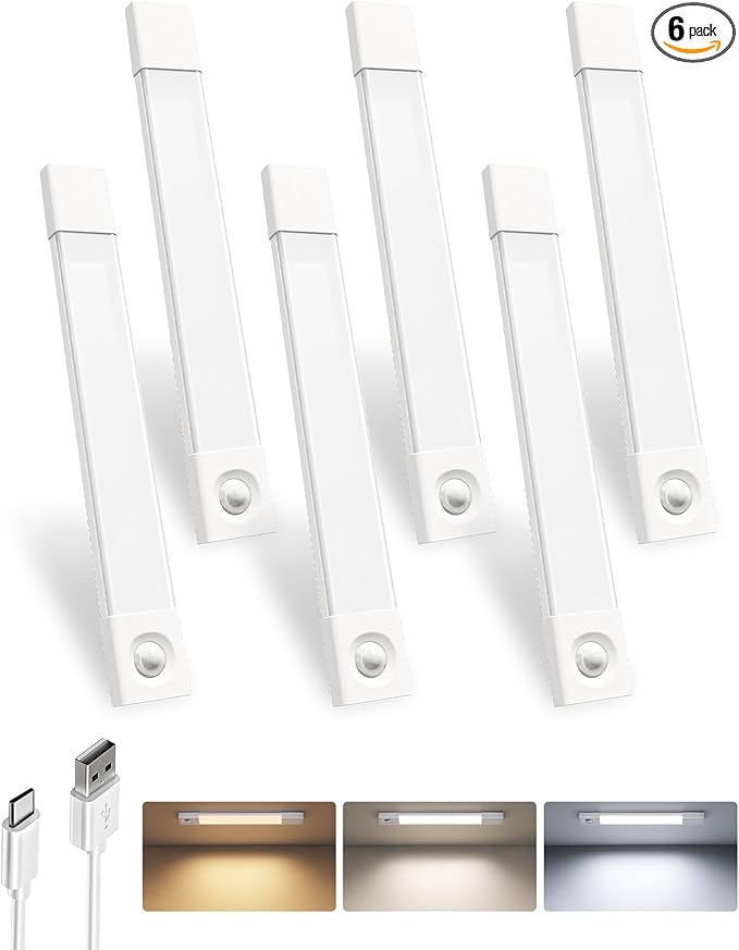 EZVALO 6-Pack Under Cabinet Lighting, Wireless Closet Lights, 50 LED Rechargeable Motion Sensor Light, Dimmable, 3 Color Temperatures, 11.8 inch Counter Lights for Kitchen, Pantry, Bedroom, Wardrobe