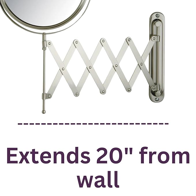 JERDON Two-Sided Wall-Mounted Makeup Mirror - Makeup Mirror with 7X Magnification & Extendable Arm - 8-inch Diameter Mirror with Nickel Finish Wall Mount - Model JP2027N