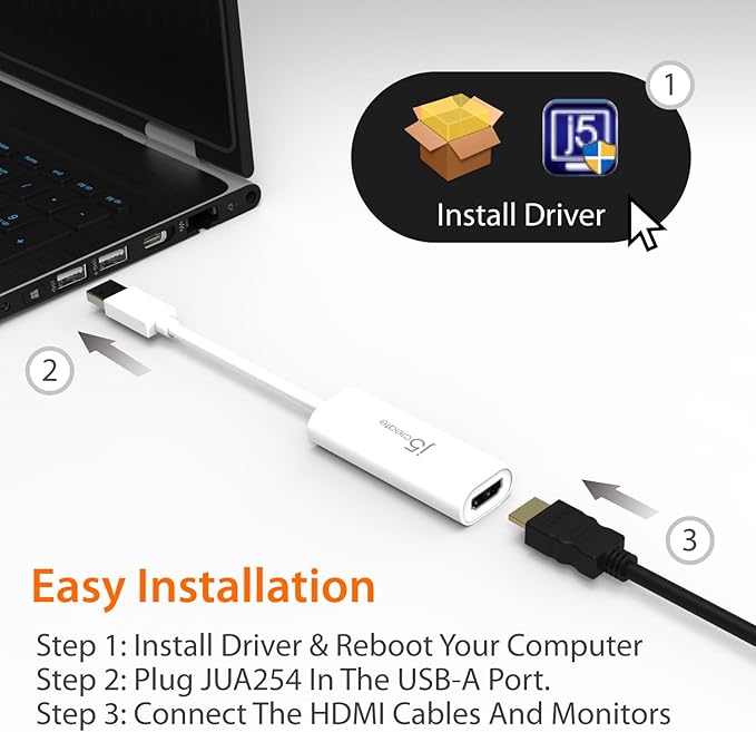 j5create USB to HDMI Multi-Monitor Adapter Supports 1080p 2048 x 1152 @ 32 bits | USB 3.0 with 2.0 Support | Adapter is Compatible with Both Mac & Windows (JUA254)