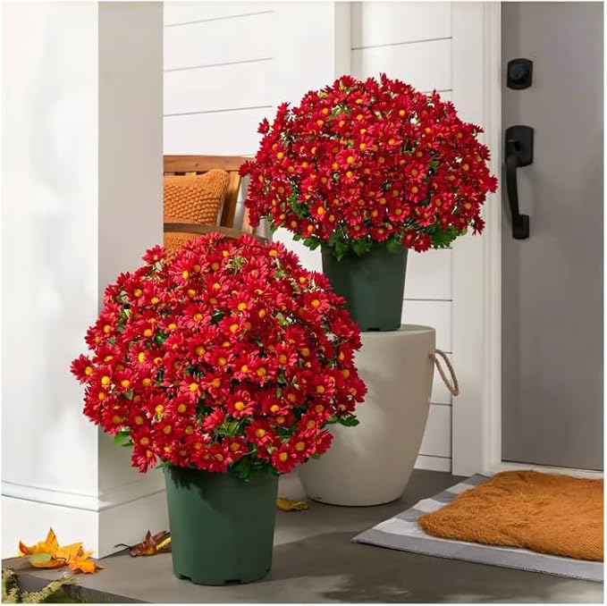 Artificial Mums for Outdoors, Faux Sunset Mum Flowers Planters for Indoor Outside Decor, Fake Look Real, Vibrant, UV Resistant, Waterproof, Windproof (Wine, 5 Bundle)