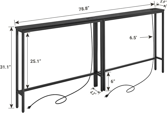 ELYKEN 2 Pack 5.9" Narrow Console Sofa Table with Power Outlets, 5.9" Dx39.4 Wx31.1 H Long Black Behind Couch Table with Metal Frame and Charge Station with 6.5’ Extension Cord