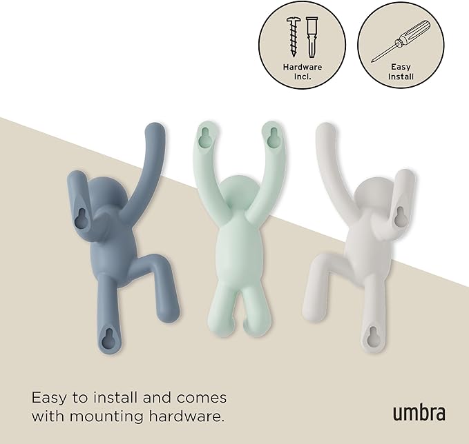 Umbra Buddy Wall Hooks – Decorative Wall Mounted Coat Hooks for Hanging Coats, Scarves, Bags, Purses, Backpacks, Towels and More, Set of 3, Light Multicolored