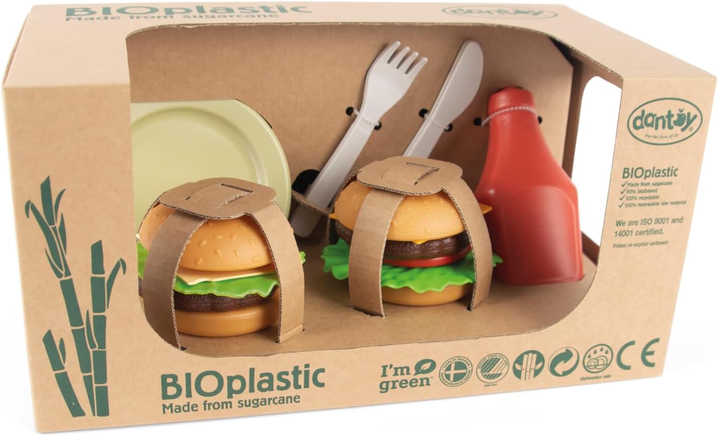 19 Playset, 2+ Dantoy: BIO Burger - Piece Play Food Plates & Utensils, Pretend Cooking, Realistic Kitchen Toys