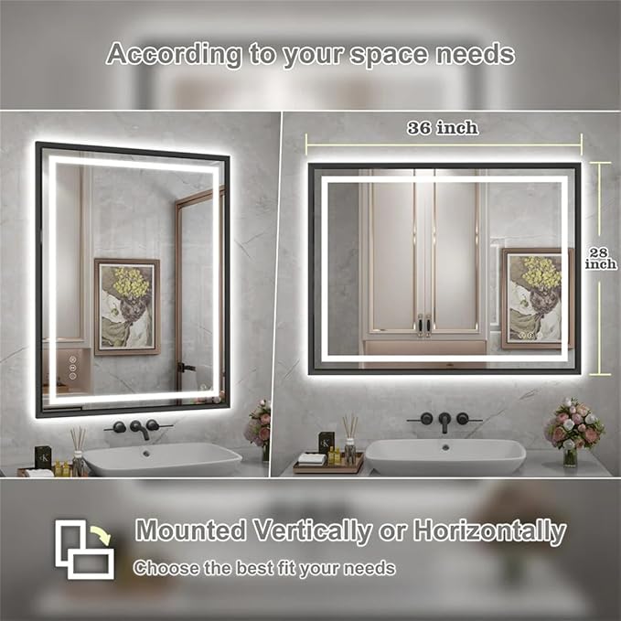 28"x 36" LED Bathroom Mirror with Black Frame, Stepless Dimmable, Anti-Fog, Shatter-Proof, Memory, 3 Colors, LED Vanity Mirror