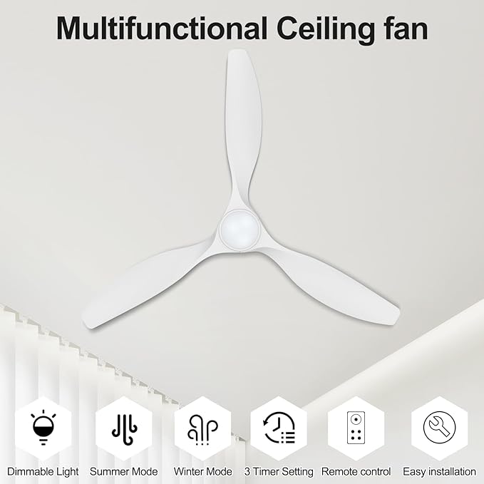 ocioc 52 inch Ceiling Fans with Lights and Remote, Dimmable Ceiling Fans with Reversible Quiet DC Motor, Flush Mount, 3CCT, White Ceiling Fan for Bedroom Living Room Indoor/Outdoor