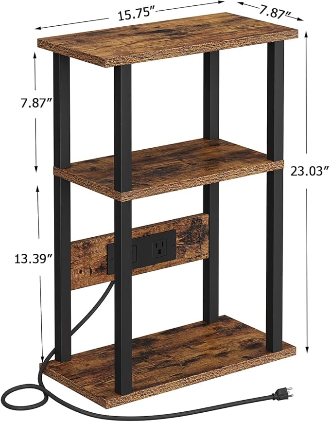 Narrow Side Table with Charging Station, 2 Set Skinny End Tables for Small Spaces, Sofa Beside-Table with Storage Shelf, Slim Nightstand with USB Ports Outlet, Couch Tables Rustic Brown UTBT003F2