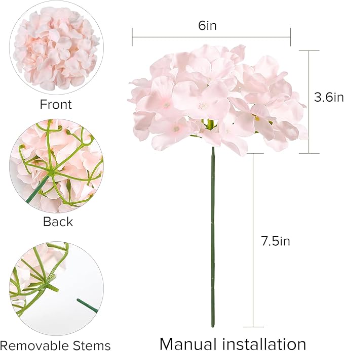Auihiay 64pcs Hydrangea Artificial Flowers, Silk Hydrangea Heads with Stems, Pink Hydrangea Flowers for DIY Wedding Centerpiece Baby Shower Home Party Decor (Pink)