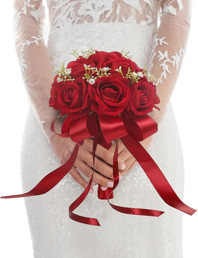 Wedding Bouquet Bride Flower Bridal Bouquets, Ribbon Artificial Rose Wedding Bouquets for Bride Bridesmaid Bouquet Dark Red Rose Bouquet Bride Bridesmaid Holding Flower for Wedding Decor