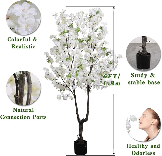 Faux Cherry Blossom Tree Artificial White Flowering Trees Fake Cherry Blossom Decorative Tree 6FT Indoor Japanese Decor for Home