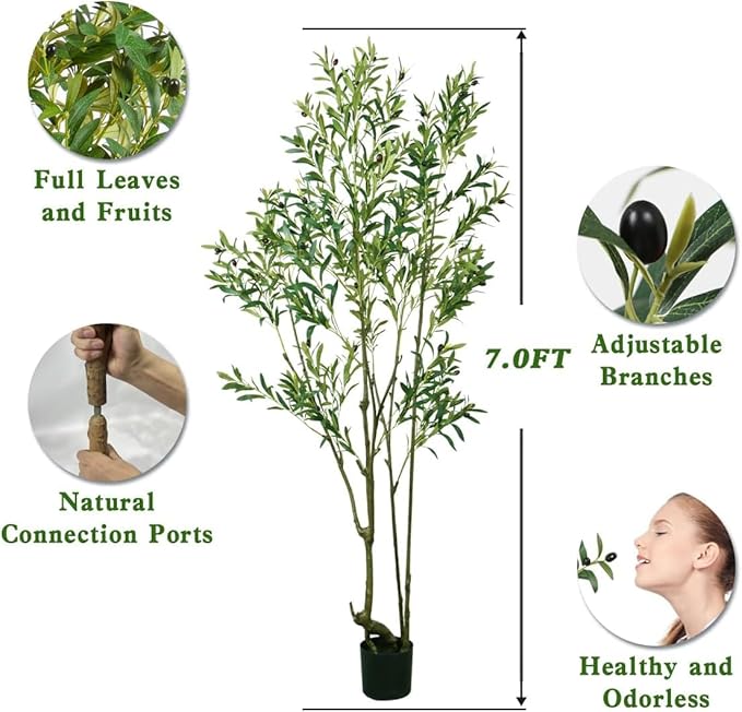 Faux Olive Tree 7ft(84in) Tall Artificial Plant Indoor Decor Large Realistic Potted Fake Modern Greenery with Natural Wood Branches and Green Leaves for Home Living Room,Bedroom,Office Decor.