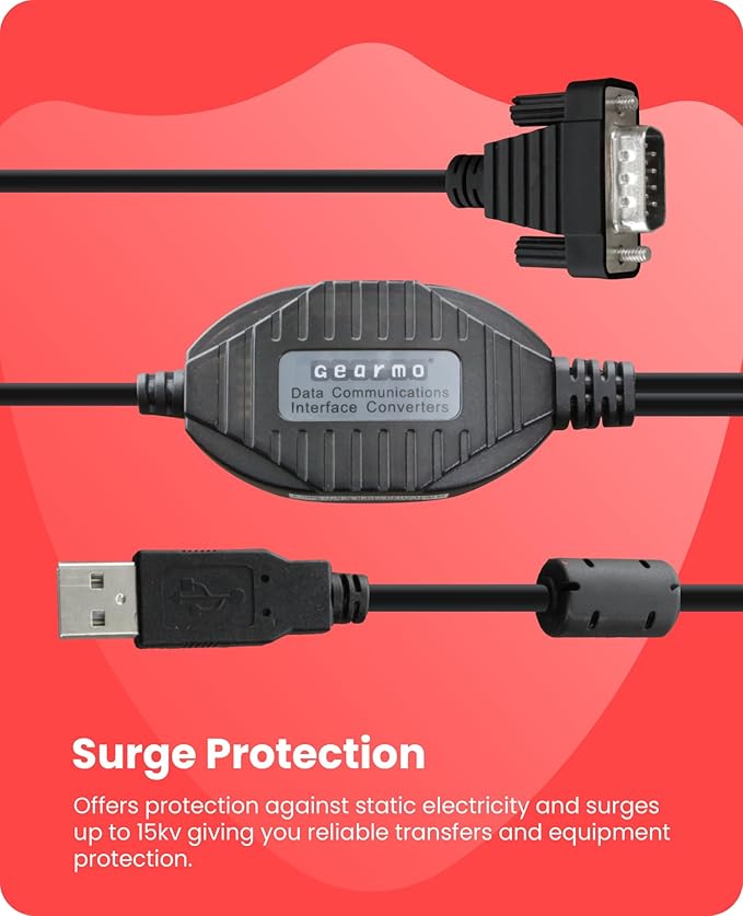 Gearmo 2 Port RS-232 Serial to USB Adapter Cable, FTDI Chipset, 5ft Length, ESD Protection, Windows/macOS/Linux Compatible