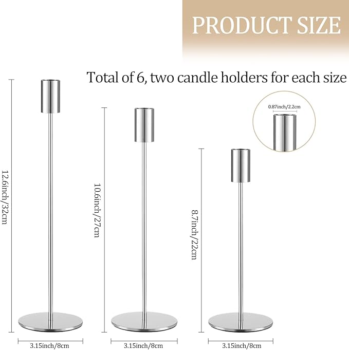 Set of 6 Silver Taper Candle Holders, Metal Silver Candlestick Holders, Tall Candle Holder, Fits 3/4 inch Thick Candle&Led Candles, for Table Centerpiece, Wedding, Dinning, Party Home Decor