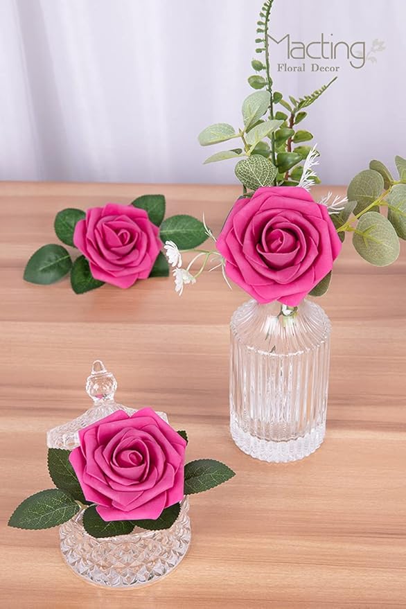MACTING 30PCS Artificial Flower Roses, Real Touch Fake Flowers with Stems, Foam Roses for Wedding Bouquet Party Centerpieces Baby Shower Home Decorations (Hot Pink)