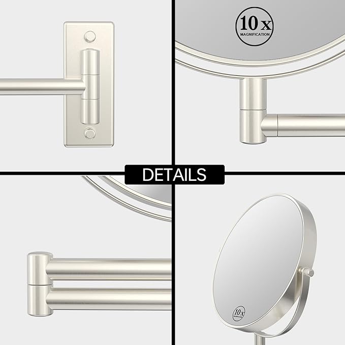 Wall Mounted Makeup Mirror, 1x/10x Double-Side Magnifying Mirror 8 Inch Vanity Mirror, 360° Extendable Arm Wall Mirror, Bathroom Mirror for Makeup or Shaving Nickel