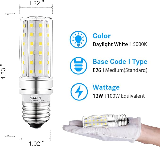 LED Light Bulb 100w Equivalent 1200 Lumen 5000K Cool Daylight White 12W Super Bright LED Bulb E26 Base Non-Dimmable Ceiling Fan Light Bulbs for Home Indoor LED Corn Light Bulb Pack of 4