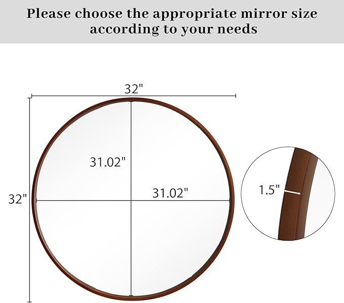 WallBeyond Round Wood Mirror, 32" Round Modern Decoration Large Circle Wall Mirror for Bathroom Living Room Bedroom Entryway, Walnut