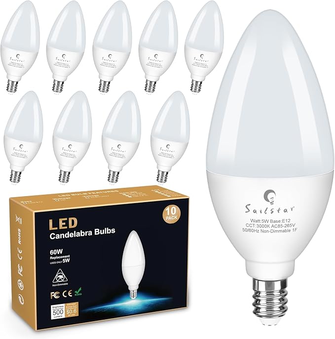 Sailstar Light Bulbs 60 Watt Equivalent, E12 Candelabra LED Light Bulbs,3000K White, 500LM Ceiling Fan Light Bulbs, B11 Type B Bulb, Small Base Chandelier Light Bulbs 5W, CRI 85, Non-dimmable,10 Pack