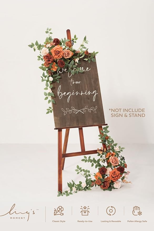 Ling's Moment 2pcs Wedding Flowers Garland Artificial Floral Swag Arch Decorations Rose Greenery Arrangements Sunset Terracotta Ceremony Reception Garden Easel Wall Entryway Outdoor (NOT Include Sign)