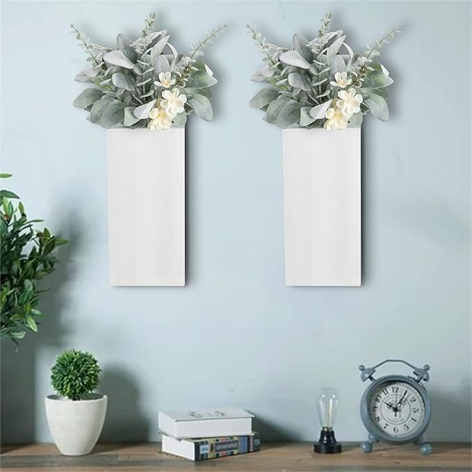 Wood Wall Planters 2 Pack with Artificial Greenery Plants - Pocket Wall Vases for Dried Flowers - Wood Wall Decor Hanging Planters for Living Room, Bedroom, Home Decor - White