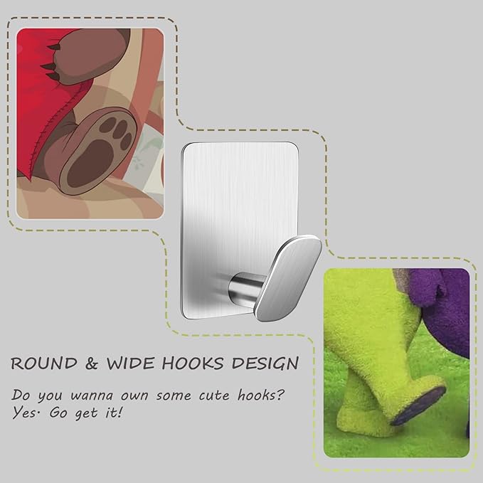 DELITON Adhesive Towel Hooks on Wall: Robe Hooks for Hanging Clothes Hats Stick on Bathroom/Kitchen SUS 304 Stainless Steel Silver