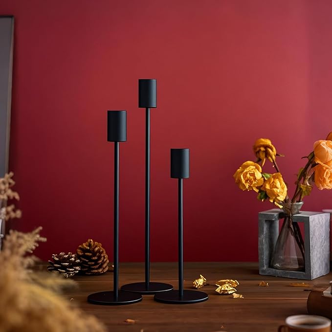 Set of 3 Black Taper Candle Holders, Metal Black Candlestick Holders, Tall Candle Holder, Fits 3/4 inch Thick Candle&Led Candles, for Table Centerpiece, Wedding, Dinning, Party Home Decor