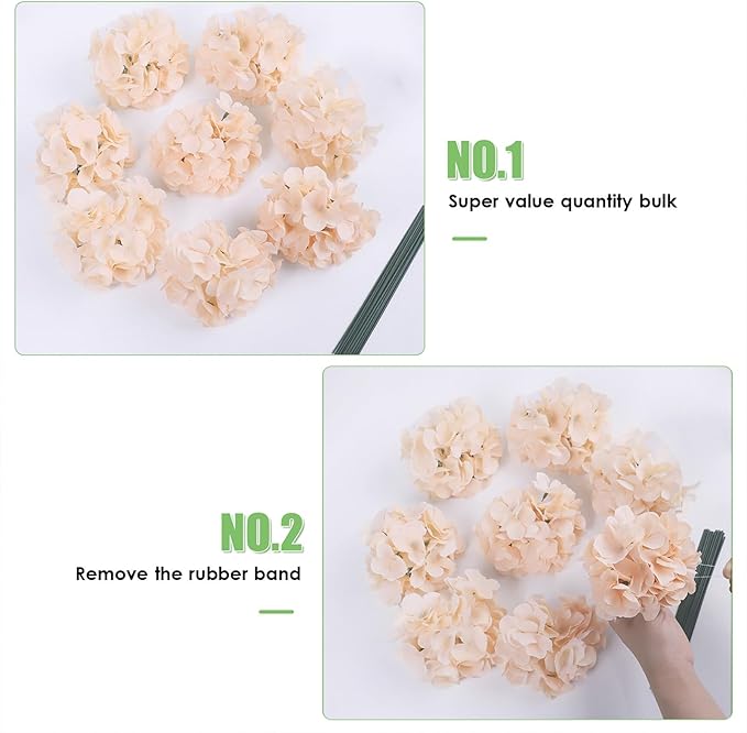 AVIVIHO 65pcs Champagne Fake Flowers Hydrangea Artificial Flowers Bulk Realistic Hydrangeas Silk Flowers with Stems for Arrangement Home Weddings,Centerpieces,Party Arch Backdrop Decorations