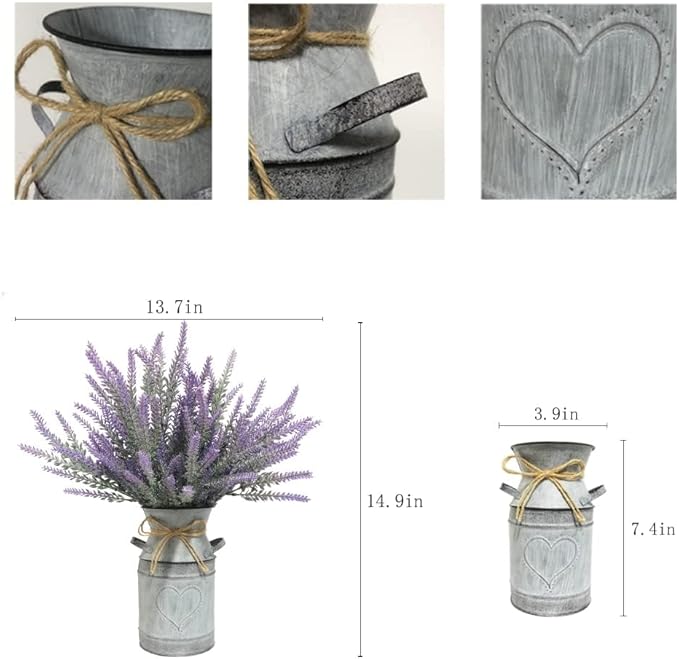 Artificial Lavender Flowers with Vase,Fake Lavender Plant Artificial in Metal Vase for Kitchen Counter Rustic Farmhouse Decor (Heart,Purple)