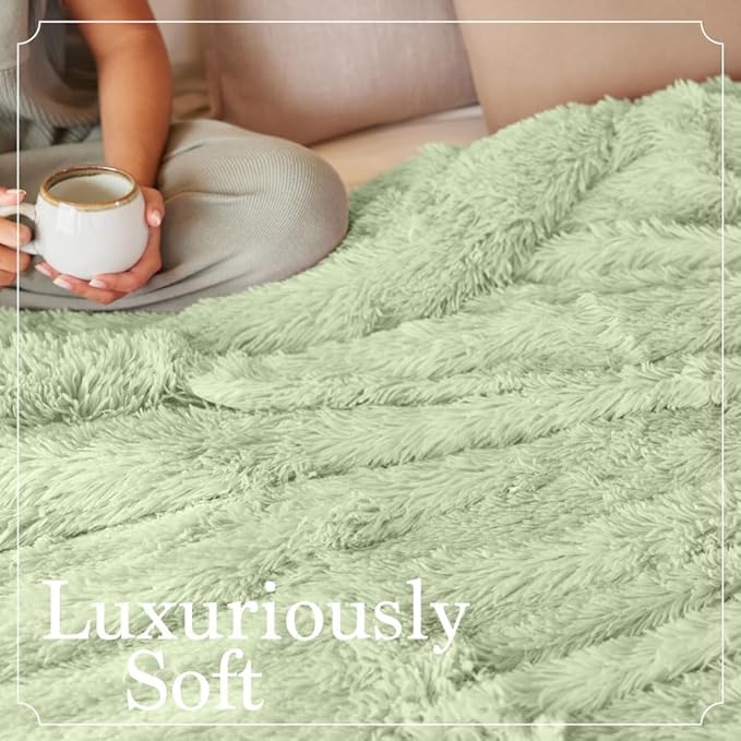 The Connecticut Home Co Throw Blanket Soft Fluffy Room Decor, Cozy Warm Throws for Bed, Couch, Gifts for Women, Bedroom Cute Aesthetic Blankets Shag and Sherpa, 65x50, Sage
