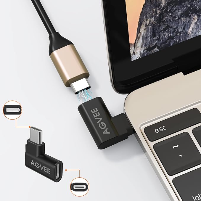 AGVEE 4 Pack Side Angle 90 Degree USB-C Male to USB-C Right Angled Female Adapter (Type-C 3.2 Gen 2) Converter Video Type-C 10G Data Extension Coupler Converter Connector, Black