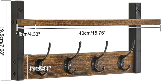 YMYNY Coat Rack Shelf Wall Mounted, Coat Hooks Set of 2, Entryway Coat Hanger with 8 Hooks, 31.5" Wall Floating Shelf with Hat Rack, for Kitchen, Bedroom, Bathroom, Rustic Brown UHWS001H-2
