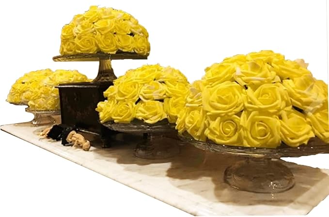 Yellow Artificial Flowers Fake Roses 50 PCS with Stem, Flower Heads Fake Rose for Crafts Bouquets for DIY Wedding Decorations Centerpieces Arrangements Party Home Garden Decor