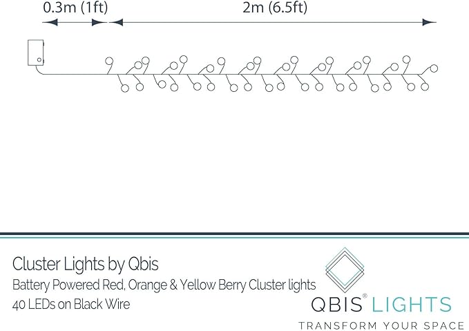 QBIS 40 LED Berry Cluster Lights - Red, Orange & Yellow Battery Powered Christmas Lights with Timer, String Lighting Perfect for Christmas, Fall and Fireplace Cozy Lighting. Indoor and Outdoor use.