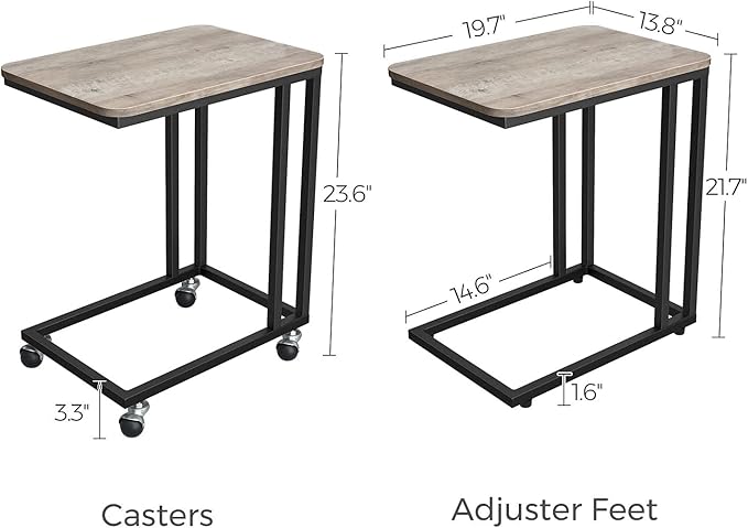 VASAGLE End Table, C Shaped TV Tray with Metal Frame Rolling Casters, Industrial Side Table for Living Room Bedroom, 19.7 x 13.8 x 23.6 Inches, Greige and Black