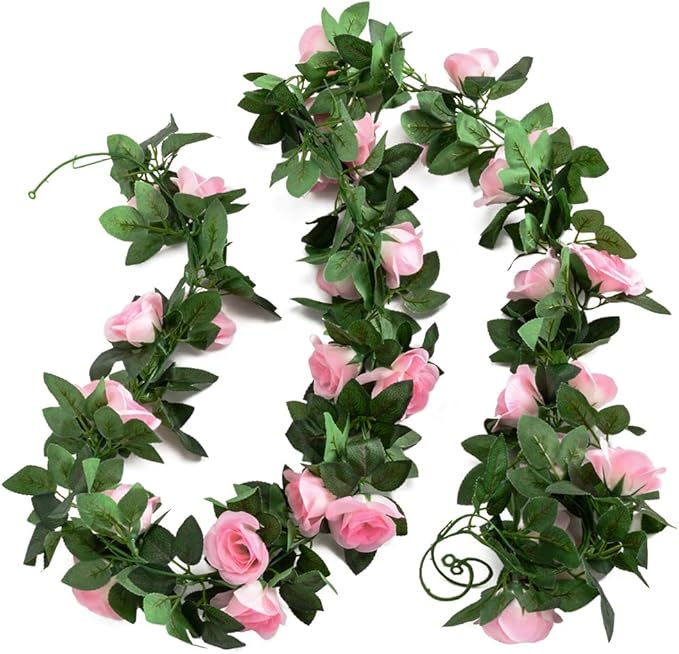 5Pcs(41FT) Flower Garland Artificial Rose Vine Garland Artificial Flowers for Wedding Party Arch Garden Floral Garlands Decor (Pink and Greenery)