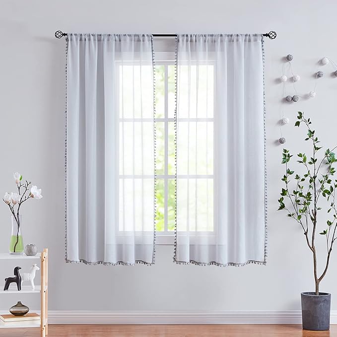 Treatmentex Pom-Pom Grey Sheer Curtains for Bedroom 63" Window Drapes Rod Pocket Textured Sheer Curtain for Kids Room 52" w 2 Panels