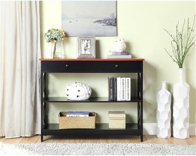 Convenience Concepts Oxford 1 Drawer Console Table with Shelves, Cherry/Black